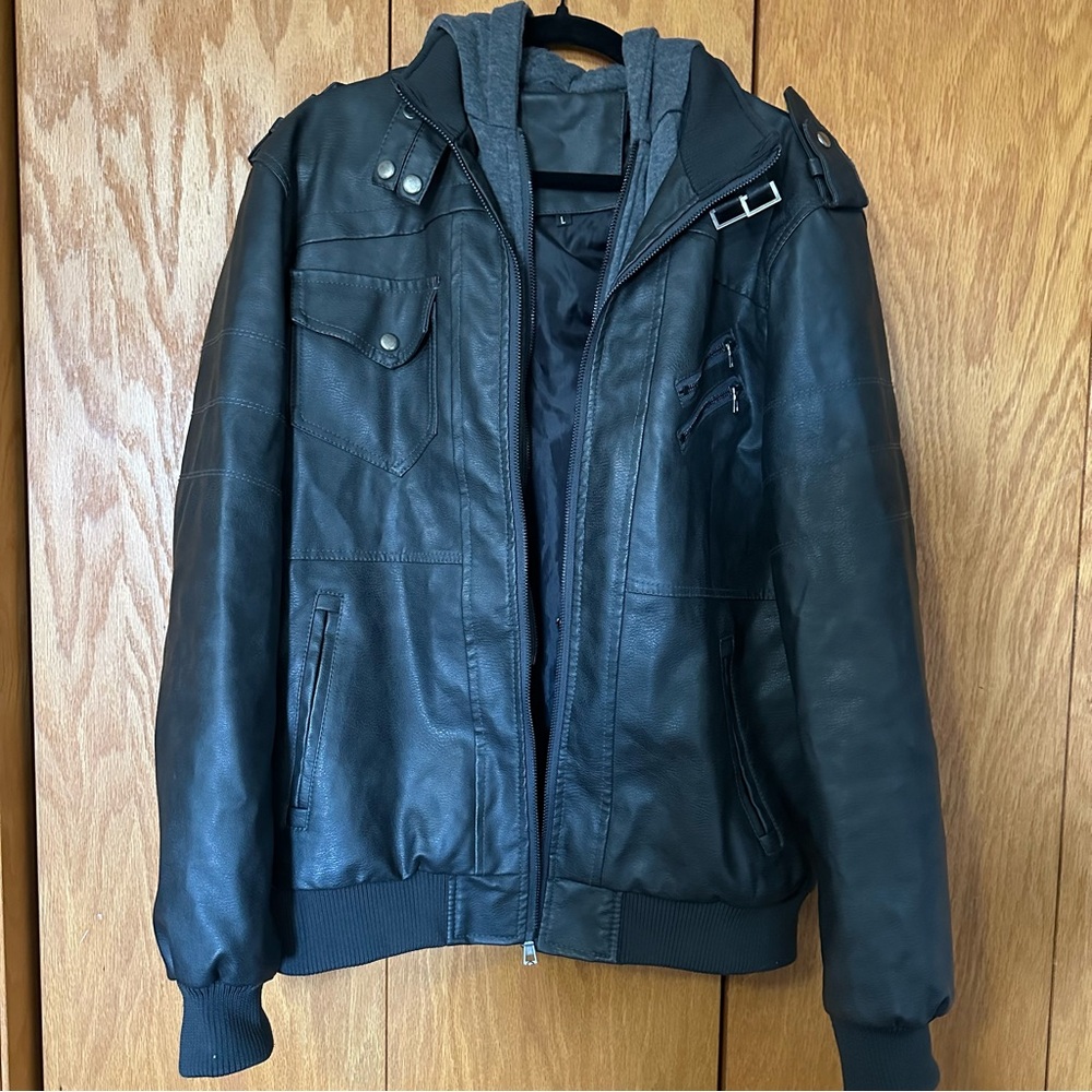 Men's Black Leather Jacket with Hoodie